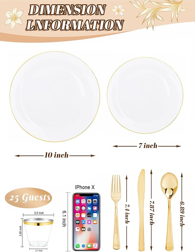 WDF 150Pcs White and Gold Plastic Plates - Gold Plates Disposable - 25 Guest Disposable Dinnerware Include 25 Dinner Plate, 25 Dessert Plate, 25 Cutlery & 25 9oz Cups for Wedding/Spring/Mothers Day
