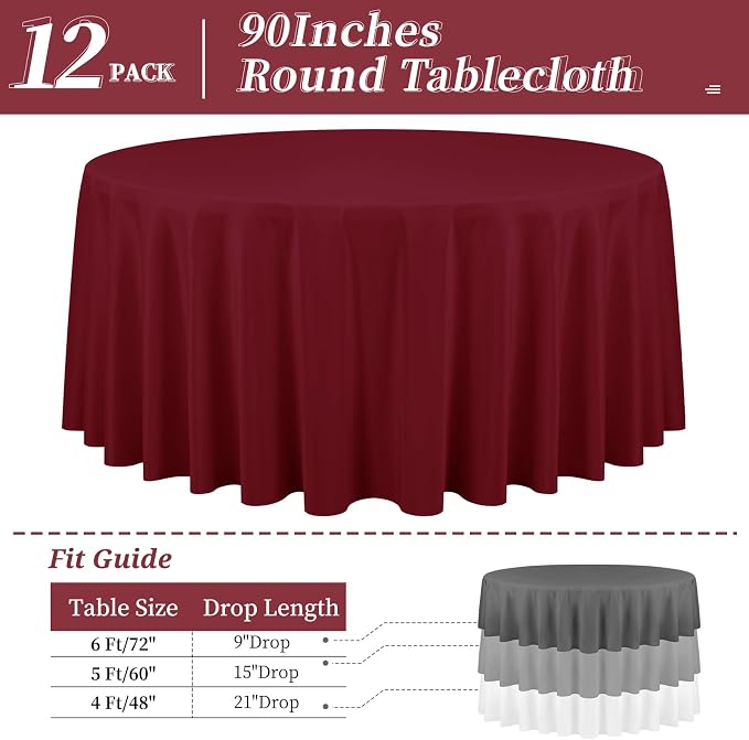 12 Pack Round Tablecloth 90 Inch - Burgundy Polyester TableCloth for Round Table, Premium Burgundy Tableclothes Washable Fabric Table Cover for Wedding Party Banquet Restaurant Reception Dining