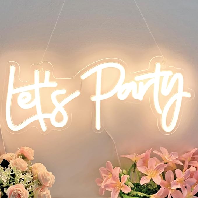 Lets Party Neon Sign with Dimmable for All Partys,17x7.5inch, Neon Lights for Wall Decor, Birthday, Wedding, Bachelorette Party, Valentine's Day Gifts Let's Party Neon Lights with 5V USB Cable, Warm White Cheers Sign