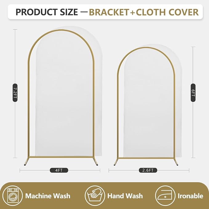 Arch Backdrop Stand and Cover Set, 2 Metal Balloon Arch Backdrop 7.2ft 6ft, Gold Arched Stand Frame for Wedding, Parties,Birthday,Decorations (White,7.2ft+6ft)