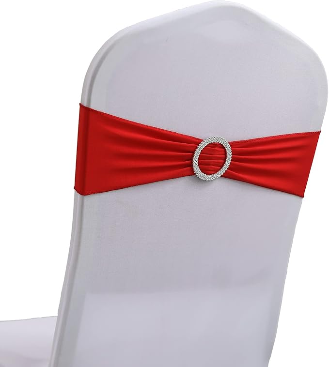 Spandex Chair Sashes Bands 50PCS Stretch Chair Cover Ties Bows with Buckle Slider Wedding Party Reception Banquet Decoration (Red)