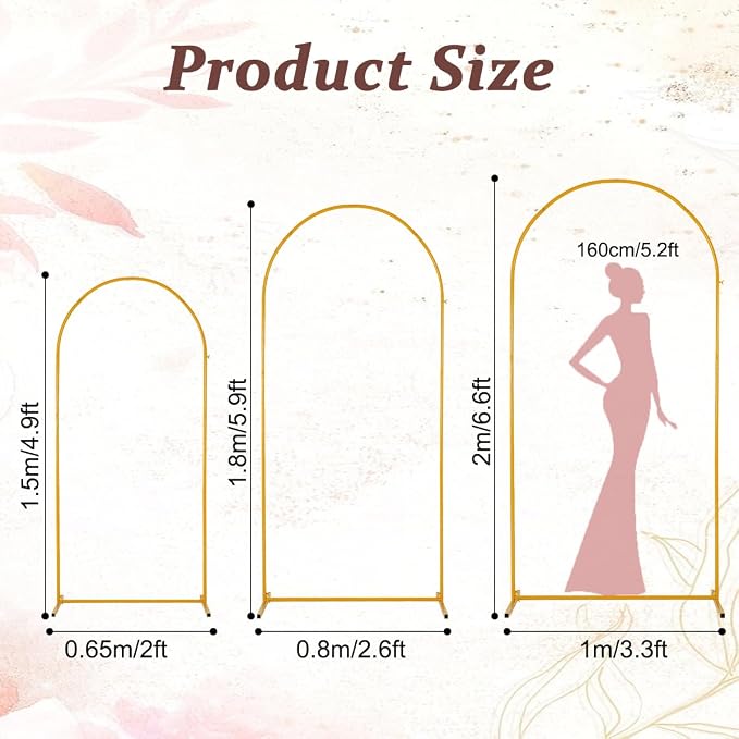 Vincidern Metal Wedding Arch Backdrop Stand Set of 3, Party Arch Stand, Balloon Arch Backdrop for Wedding, Baby Shower, Birthday Party, Bridal Shower, Graduation Decor, Gold (6.6FT, 5.9FT, 4.9FT)