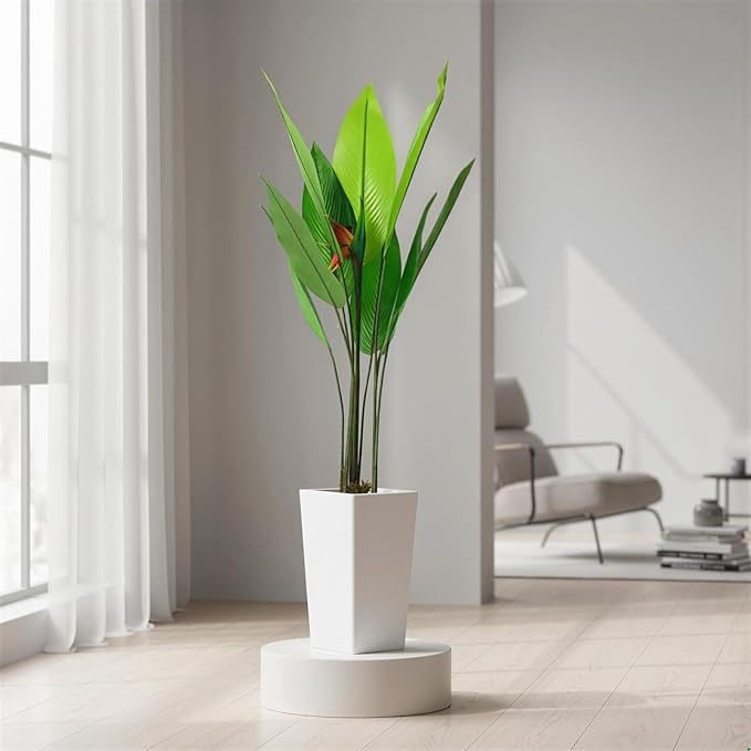 4.7FT Artificial Bird of Paradise Plant Tree with White Tall Planter, Tall Potted Faux Plants Indoor, Decorative Evergreen Tropical Fake Floor Plant for Home Office Living Room Outdoor Front Door