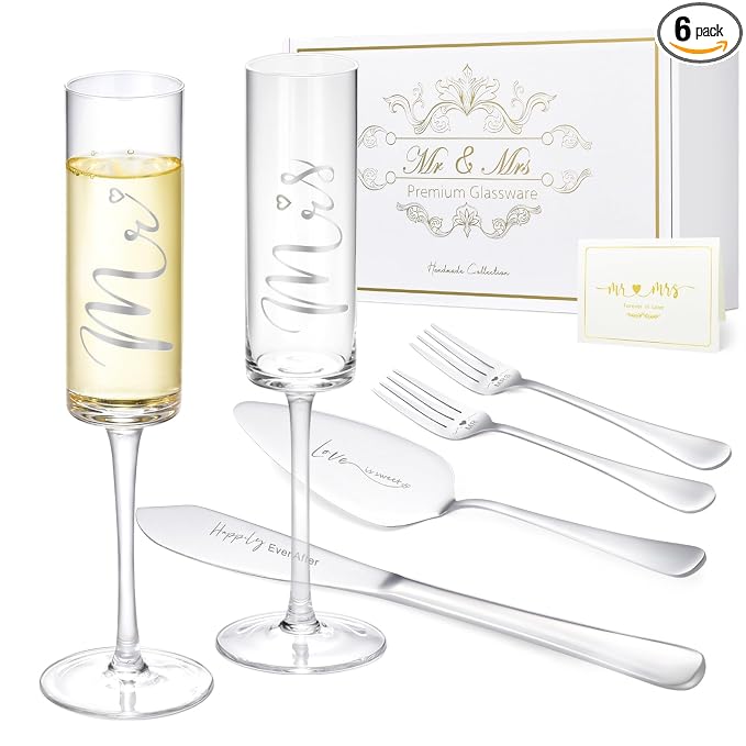 ROXBURGH Wedding Cake Knife and Server Set, Bride and Groom Mr and Mrs Champagne Flutes & Forks with Giftable Box, Cake Cutting Set for Wedding Engagement Bridal Shower Gifts