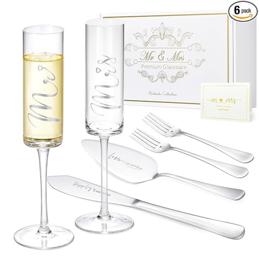 ROXBURGH Wedding Cake Knife and Server Set, Bride and Groom Mr and Mrs Champagne Flutes & Forks with Giftable Box, Cake Cutting Set for Wedding Engagement Bridal Shower Gifts