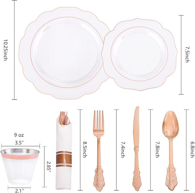 NOCCUR 350PCS Rose Gold Plastic Plates - Clear Rose Gold Disposable Dinnerware Set - Include 100 Dinner/Dessert Plates,50 Cups,50 Pre Rolled Napkins with Cutlery Set - Ideal for Party/Mother's Day