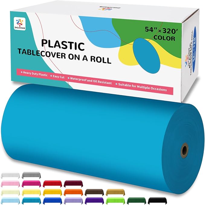 54IN X 320FT Plastic Table Cover Roll with Cutter Box, Cut to Size Plastic Table Cloths for Parties, Birthday, Disposable Tablecloth Roll for All Shape Tables (Turquoise, 54 Inch X 320 Feet)