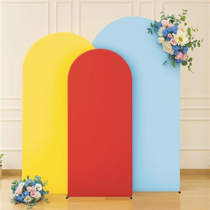 Set of 3 Arch Backdrop Covers(6ft, 5ft, 4ft) - Premium Stretchy Spandex Backdrop Arch Stand Cover for Baby Shower,Wedding,Party Decor Chiara Cover with Double-Sided Design(Red Yellow Blue)