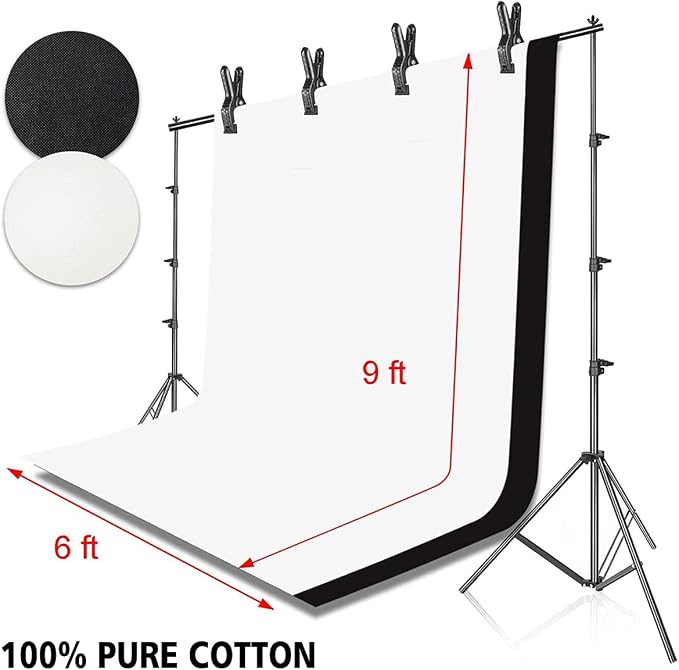 HYJ-INC Photo Background Support System with 8.5 x 10ft Backdrop Stand Kit, 100% Cotton Muslin Backdrop (White Black),Clamp, Carry Bag for Photography Video Studio