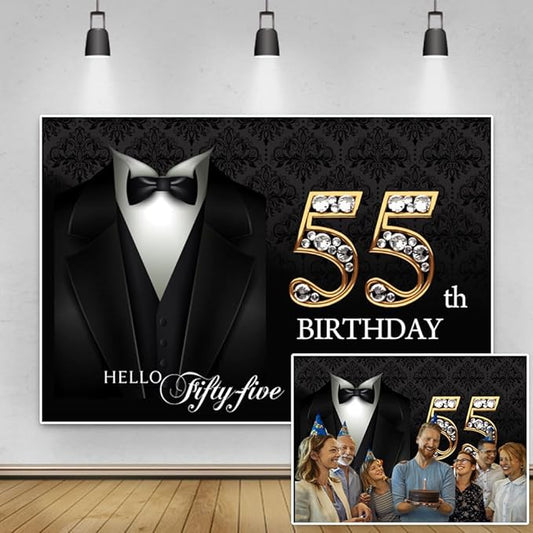 5x3ft Happy 55th Birthday Backdrop Gentleman Black Tuxedo Suit Necktie Hello Fifty Five Photography Background for Men Father Birthday Party Decorations Cake Table Banner Photo Studio Props