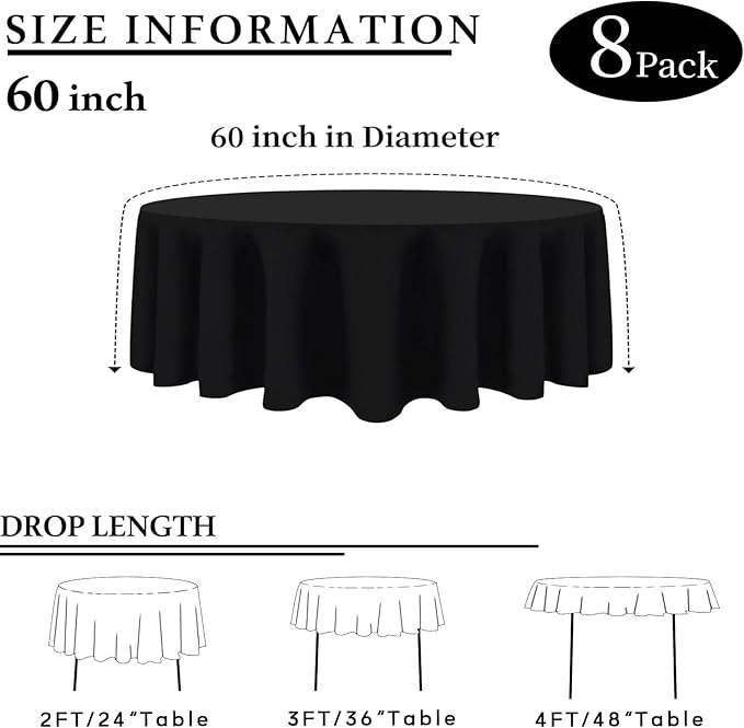 8 Packs Round Tablecloth 60 Inch Black Tablecloths for Circle Tables, Washable Polyester Fabric Tablecloths, Wrinkle Resistant Table Cloth Round Cover for Wedding Party Banquet Dining