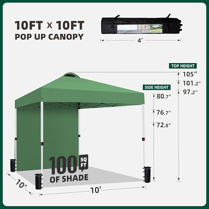 Durable 10 x 10 Pop-up Canopy Tent with 1 Sidewall, Portable Instant Camping Beach Canopy Tents, Green