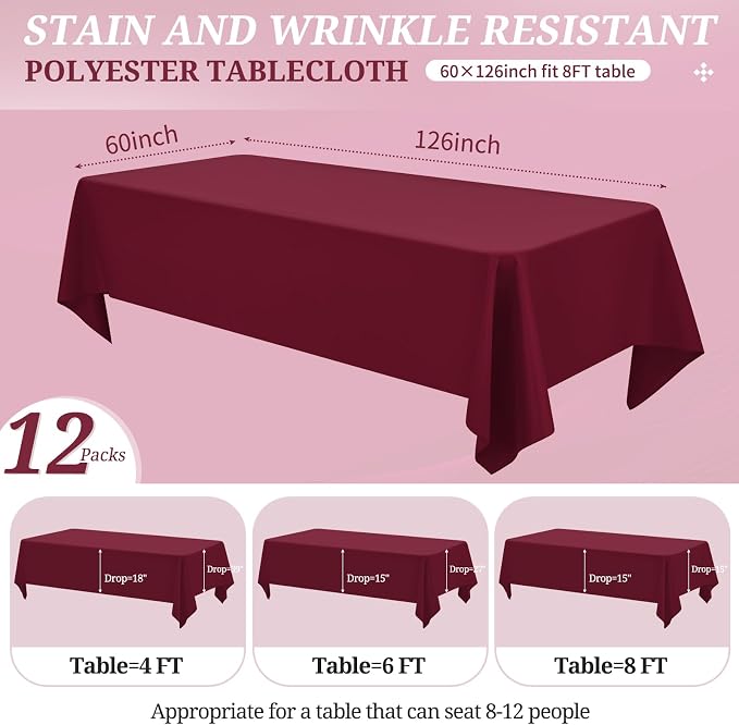 12 Pack Burgundy Tablecloths for Rectangle Tables 60 x 126 Inch Polyester Tablecloth 8 Foot Rectangle Table Cloth Wrinkle Resistant Washable Fabric Table Cover for Party Wedding Banquet Events