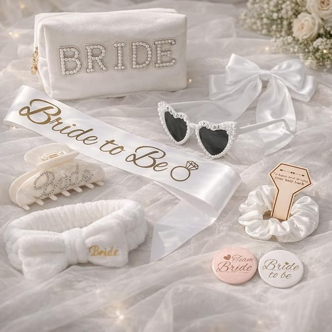 WOVOWOVO Bridal Shower Gifts for Bride To Be: Bachelorette Party Accessories Wedding Gifts - Bride Sash, Makeup Bag, Hair Clip, White Hair Bow, Sunglasses and Facial Headband