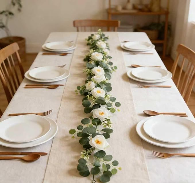 Greenery Garland with White Roses 2Pack: 5.9Ft Artificial Vines Hanging Eucalyptus Leaves for Wedding Arch Swag Backdrop Doorways Table Runner