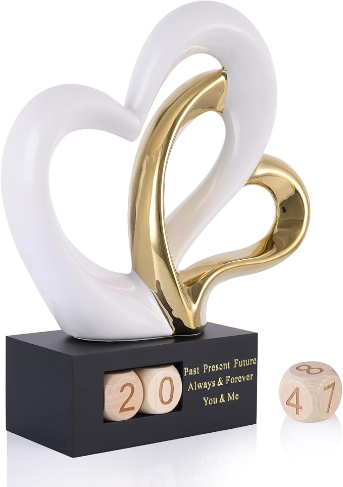 Ceramic Heart Sculpture with Date Blocks, White Gold Hearts Statue for Home Decor, Romantic Valentines Day & Wedding for Couple, Shelf Mantel Tabletop Display (White Gold)