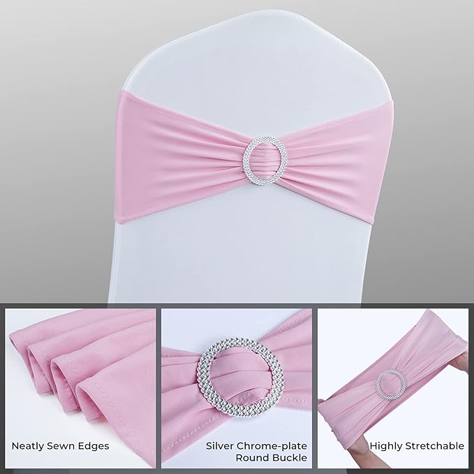 Spandex Chair Sashes Bows - Babenest 100PCS Premium Stretch Chair Cover Band with Buckle Slider Universal Elastic Chair Ties for Wedding Party Ceremony Reception Banquet Decoration (Pink)