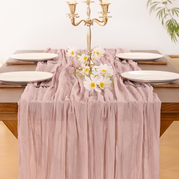 Socomi 6pcs Pink Cheesecloth Table Runner Summer Boho Rustic Gauze Dusty Pink Farmhouse 120 inch 10FT Cheese Cloth Sheer Runner for Wedding Party Baby Shower Birthday Home Decor