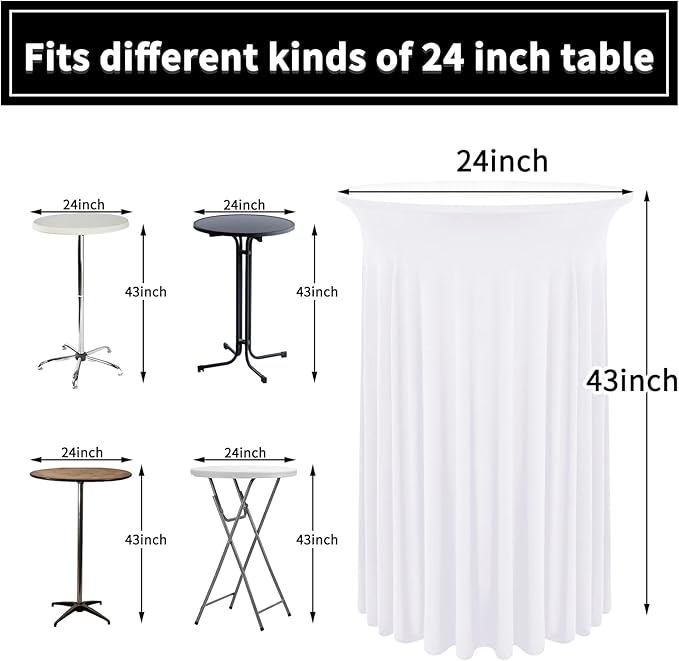 6 Packs Round Cocktail Table Skirt 24"x 43" Spandex Stretch Cocktail Tablecloth with Wavy Drapes, White Spandex Fitted High Top Table Covers for Wedding Bar Party Birthday Banquet Tables