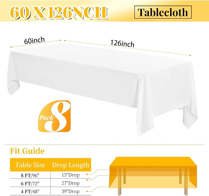 fani 8 Packs White Rectangle Tablecloth - 60 x 126 Inch, Premium Polyester Table Cloth for 6 Foot Rectangle Tables, Washable Fabric Table Covers for Wedding, Party, Banquet, Dining
