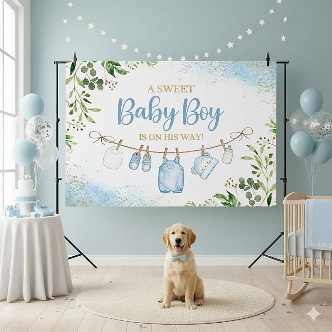 5x3ft Cute Clothes Baby Shower Backdrop for Boys a Sweet Baby Boy is on The Way Newborn Kids Blue Leaves Gold Dots Baby Shower Party Decorations Banner Supplies Photo Booth Props