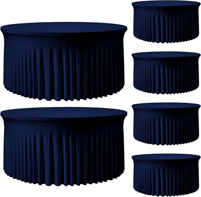 6 Pack Navy Blue Round Spandex Tablecloth with Ruffle Skirt, 60 Inch Elastic Fitted Table Cover for 5FT Table – Perfect for Graduation, Memorial Day & Veterans Day,Wedding,Wrinkle-Resistant