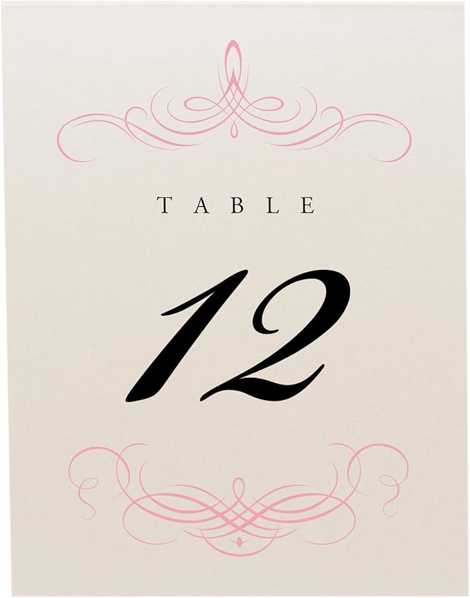 Decadent Flourish Wedding Table Numbers (Select Color/Quantity), Champagne, Pink, 1-30, Double Sided, Tent or Use in a Stand, Great for Parties & Restaurants - Made in the USA