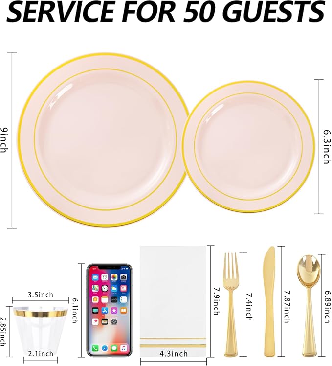GATHER 350PCS Pink Plastic Plates - Disposable Plastic Dinnerware Set Include 100 Pink Plates, 150 Silverware, 50 Napkins, 50 Cups for Party & Wedding & Baby Shower & Mother‘s Day