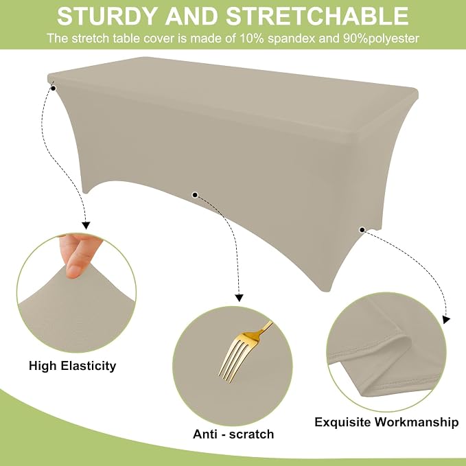 Moosfor Spandex Elastic Fitted 8FT Rectangle Tablecloth 6 Pack, Stretch Washable Reusable Table Cover for Outdoor Picnic, Dining, Wedding, Banquet & Party Events (Taupe, 96Lx30Wx30H Inch)