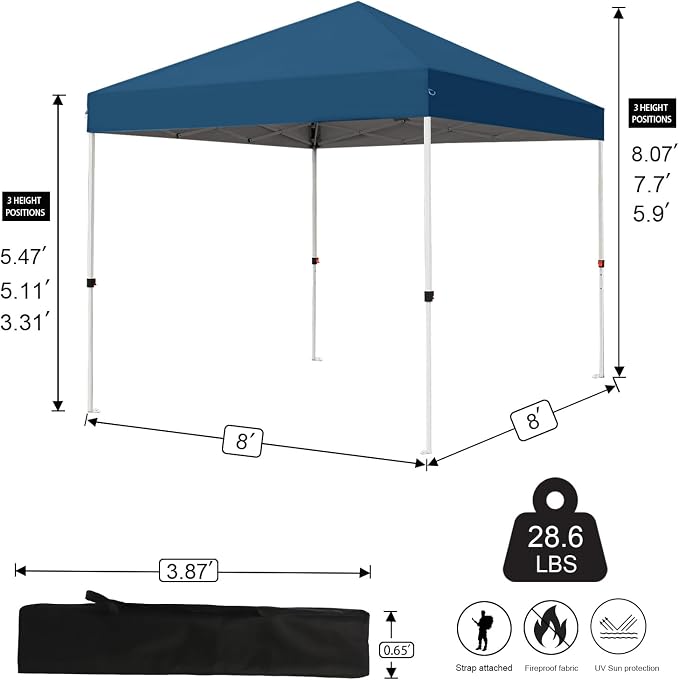 Northroad 8X8 FT Pop Up Canopy, Outdoor Instant Canopy Tent w/Carrying Bag, Portable Gazebo Shelter for Wedding Party,Commercial Event,Patio,Garden,Beach（Lake Blue）