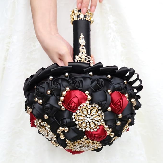Bridal Wedding Bouquet Luxury Gold Rhinestone Brooch Bouquet for Bride Bridesmaid Quinceanera Satin Rose Artificial Flower Bouquet Wedding Black and Burgundy 7.1in