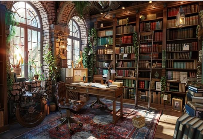 Laeacco 20x10ft Vintage Study Room Backdrop Wooden Booshelf Ancient Books Arch Window Sunshine Photography Background Graduation Back to School Party Decoration Wizard School Banner Photo Booth Props