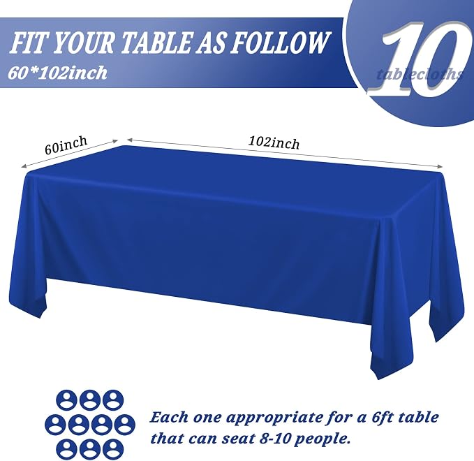 Pesonlook 10Pack Royal Blue Polyester Tablecloths, 60 x 102 Inch for 6ft Rectangle Tables Polyester Table Cover Washable Table Cloth for Wedding Reception Banquet Party