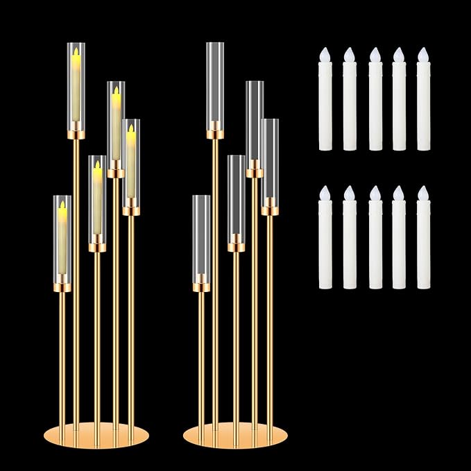 2 Sets 42'' Tall 5 Arms Candlesticks Holder with 20 LED Candle, Candelabra Centerpieces for Tables,Wedding Centerpieces,Gold Candle Holders for Wedding,Home Decoration Housewarming Gift