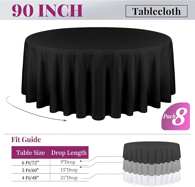 fani 8 Packs Black Round Tablecloth - 90 Inch, Premium Polyester Table Cloth for Round Tables, Washable Fabric Table Covers for Wedding, Party, Banquet, Dining Tables and Camping