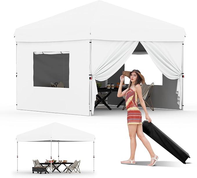 GarveeLife 10x10 Pop Up Canopy with 4Pcs Sidewalls Easy Up Camping Tent Outdoor Canopy with One Button Push Setup 1 Roller Bag 3 Adjustable Height 4 Weight Bags (White)
