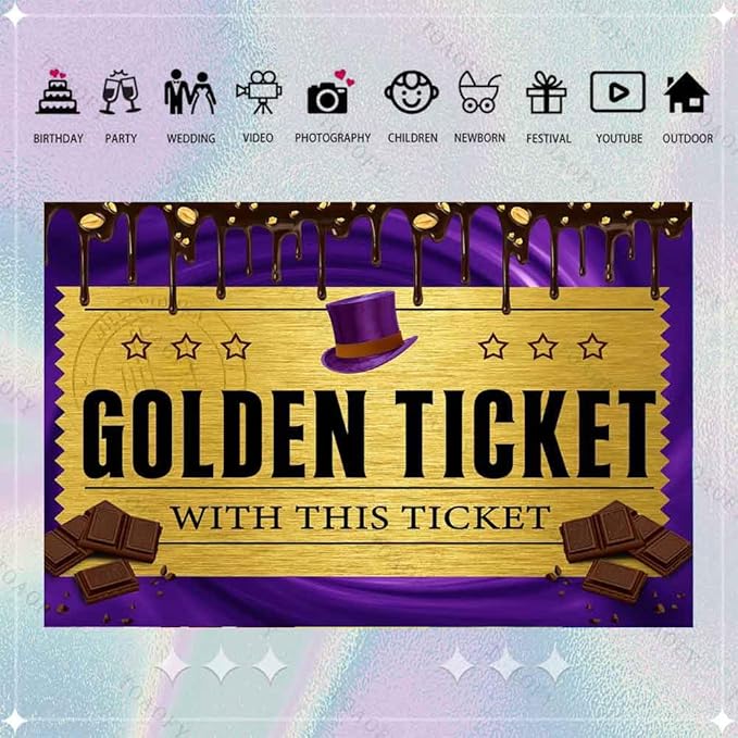 Chocolate Factory Theme Backdrop, Purple Dreamy Background, Golden Ticket Top Hat Background, Birthday Baby Shower Photo Booth TAY1901