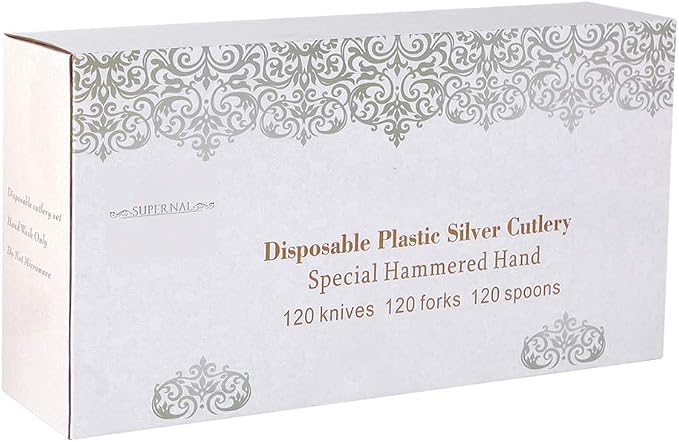 Supernal 360pc Silver Plastic Silverware Set, Heavy Duty Disposable Cutlery | Elegant Hammered Flatware Utensils (120 Forks, 120 Knives, 120 Spoons) Bulk Pack for Weddings, Parties, and Catered Events