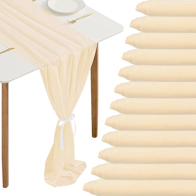 12 Packs 10Ft Chiffon Table Runner 27x120 Inches Sheer Romantic Wedding Table Runners Beige Table Runner for Wedding Birthday Party Bridal Baby Shower Table Decoration