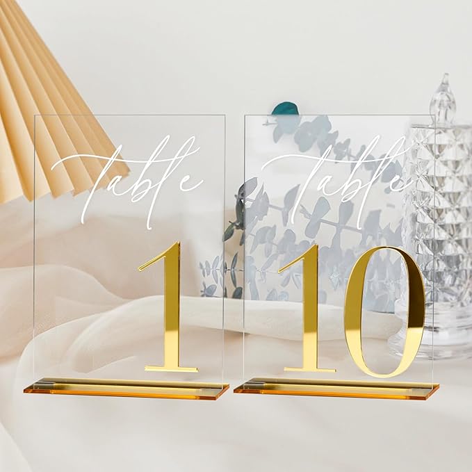 Acrylic Wedding Table Numbers 1-10 with Stands, 5"x7" Clear Acrylic Signs with 3D Gold Mirror Numbers, Clear and Gold 3D Table Numbers for Wedding Reception, Anniversary, Event