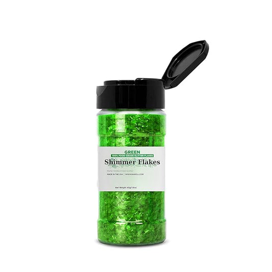 BAKELL Edible Glitter Flakes | Vegan Green Edible Shimmer Flakes | KOSHER Certified | Halal Certified | 100% Edible & Food Grade | Cakes, Cupcakes, Decoration (Green, 45g)