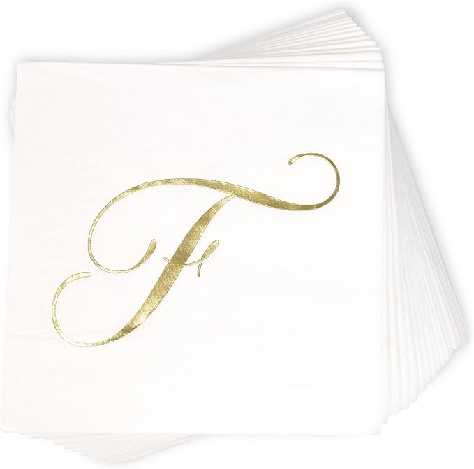 100 Monogram Letter F Cocktail Napkins Gold Foil Initial Disposable Paper Elegant Personalized Beverage Napkins Wedding Party Tableware