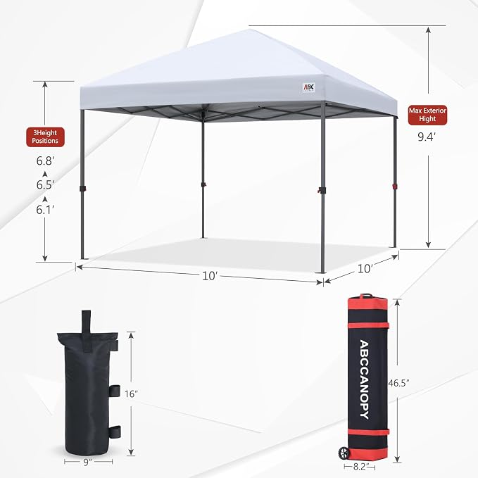 ABCCANOPY 10x10 Pop Up Canopy Tent, Easy Setup Instant Shelter with Wheeled Bag, Heavy Duty Outdoor Canopy for Beach, Market, Backyard, UV Protection, Outdoor Weather Protection (Snow White, 10x10)