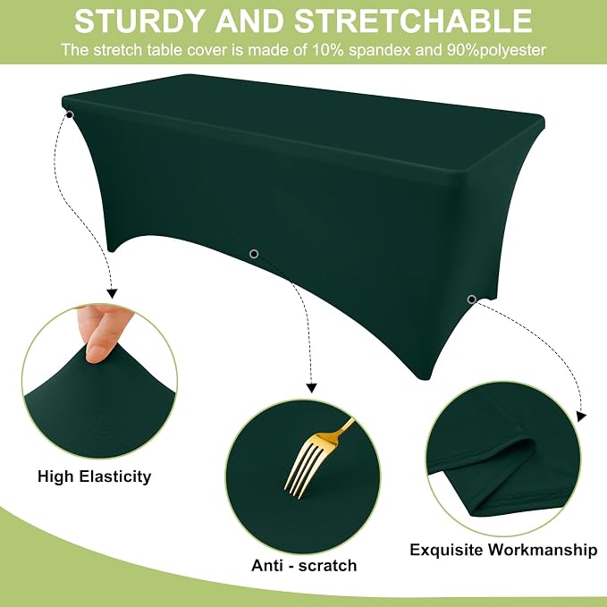 Moosfor Spandex Elastic Fitted 6FT Rectangle Tablecloth 6 Pack, Stretch Washable Reusable Table Cover for Outdoor Picnic, Dining, Wedding, Banquet & Party Events (Hunter Green, 72Lx30Wx30H Inch)