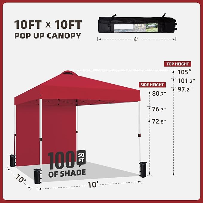Durable 10 x 10 Pop-up Canopy Tent with 1 Sidewall, Portable Instant Camping Beach Canopy Tents, Red