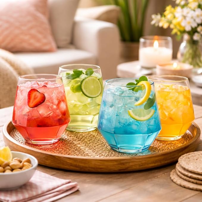 Oojami 40 Pack Diamond Disposable Plastic Wine Glasses 12oz for Parties | Stemless Wine Cups, Champagne Cocktail Whiskey - Shatterproof Unbreakable Reusable Recyclable BPA-Free, Weddings Birthday