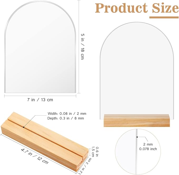 Unittype 36 Pack 5 x 7 Inch Clear Arch Acrylic Sign with Wooden Stands Round Top Blank Arch Acrylic Table Numbers Sign Ideal for DIY Menu Numbers and Name Card Wedding Party Reception