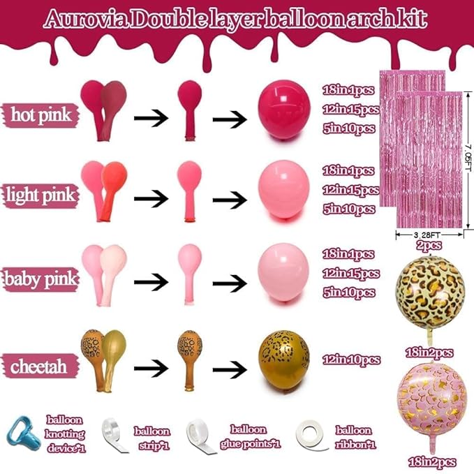 Hot Pink Balloon Arch Kit, Double Stuffed Dark Light Pink Magenta Gold Cheetah Print Balloons Fringe Curtain for Birthday Baby Shower Mother's Day Bridal Wedding Safari Jungle Wild Party Decorations