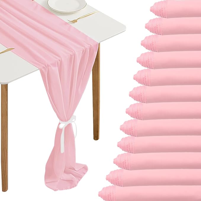 Fivenl 12 Packs Chiffon Table Runner - Pink, Sheer, Romantic for Wedding, Birthday, Party & Baby Shower Decoration (12" x 120")