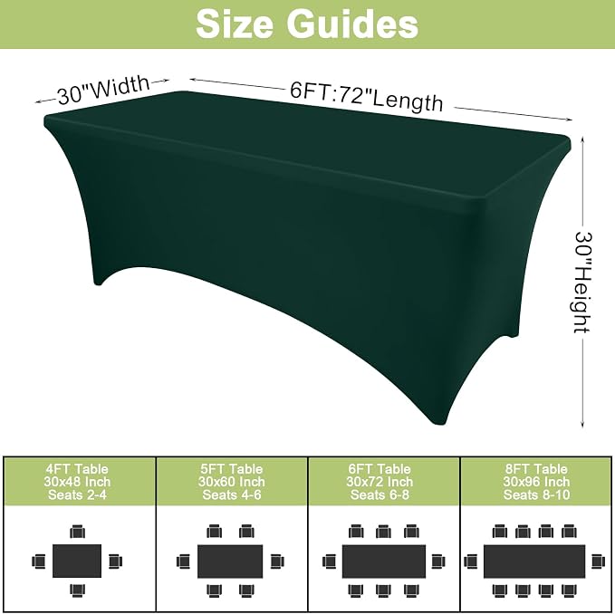 Moosfor Spandex Elastic Fitted 6FT Rectangle Tablecloth 6 Pack, Stretch Washable Reusable Table Cover for Outdoor Picnic, Dining, Wedding, Banquet & Party Events (Hunter Green, 72Lx30Wx30H Inch)